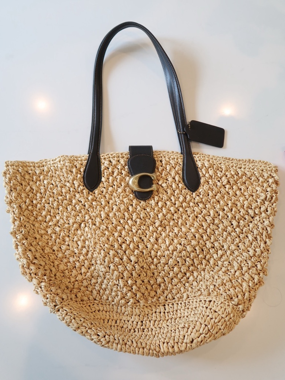 Coach Large Straw Tote with Black Leather Handles and Gold Hardware - Picture 2 of 5